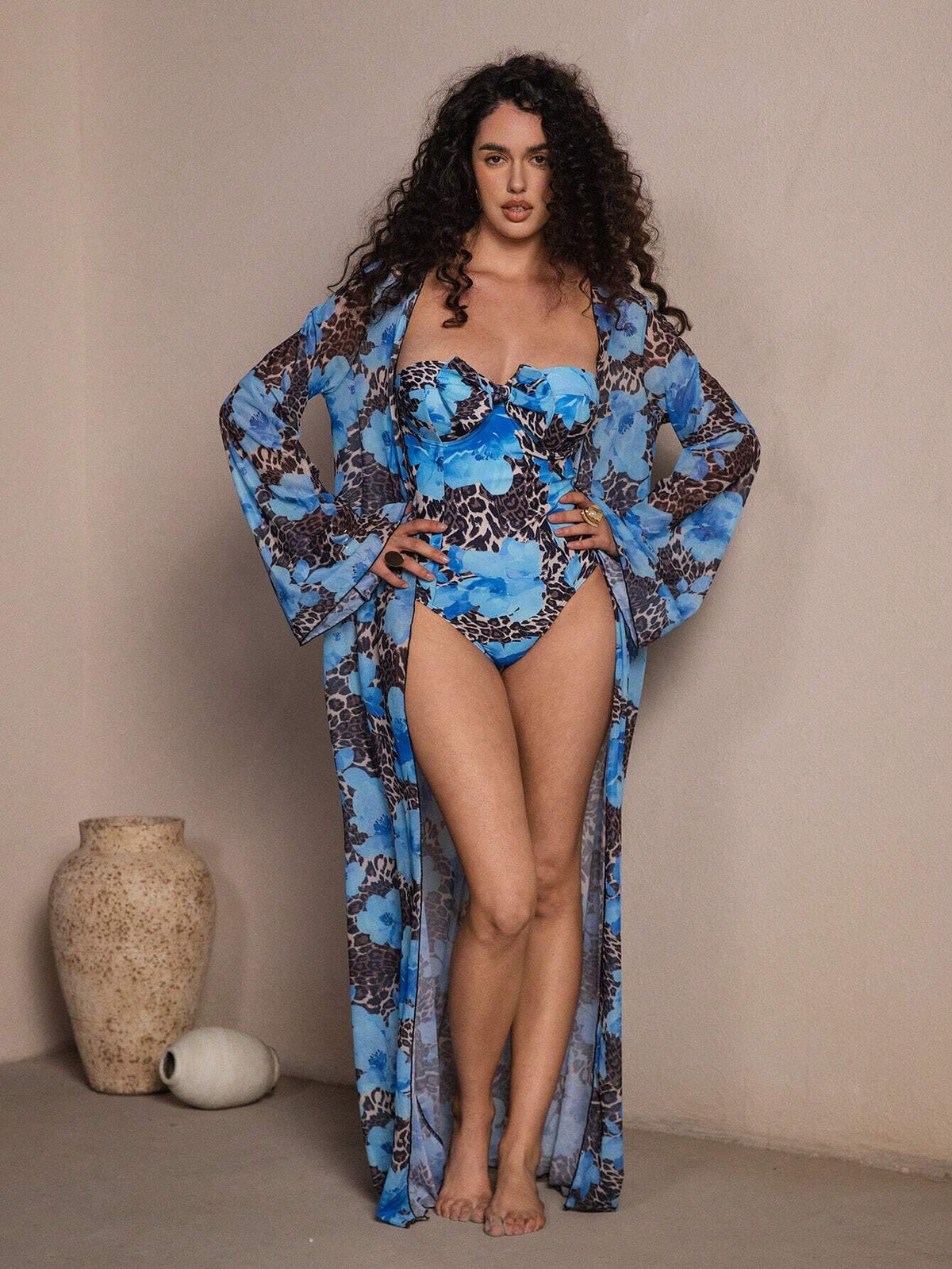 SHEIN Swim Oasis Multicolor Push-Up Swimsuit with Long Sleeve Cover-Up