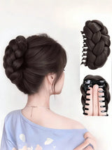 Woman with braided hair bun wearing a blue top, with close-up insets of the braided hair extension.