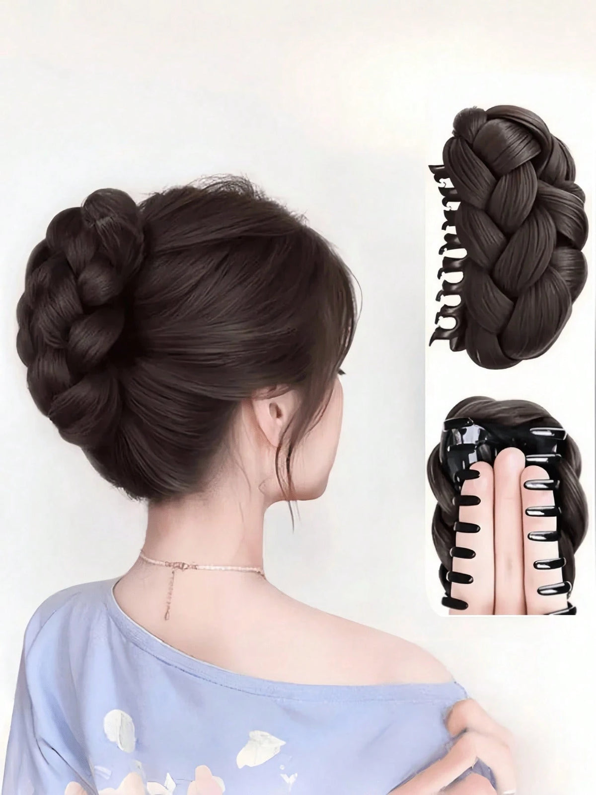 Woman with braided hair bun wearing a blue top, with close-up insets of the braided hair extension.