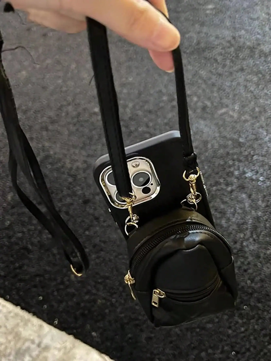 SHEIN Black Leather Mini Backpack Style iPhone Case with Detachable Strap