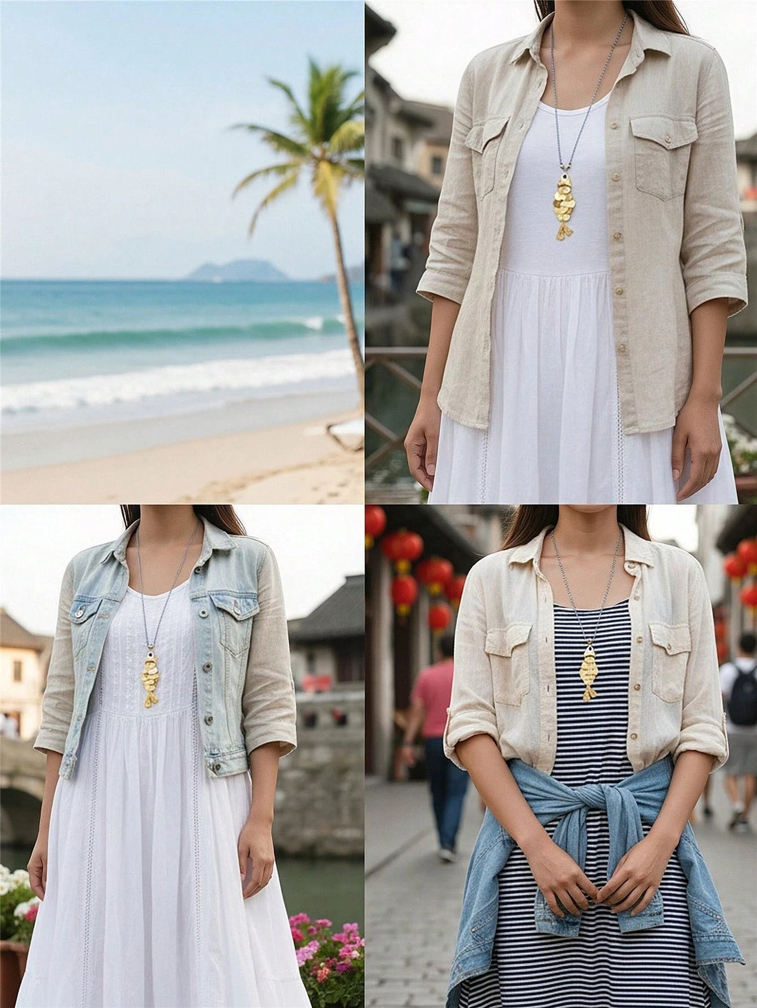 SHEIN 3D Movable Fish Pendant Gold Long Necklace