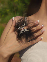 SHEIN Angelic White Feather & Rhinestone Butterfly Design Open Ring