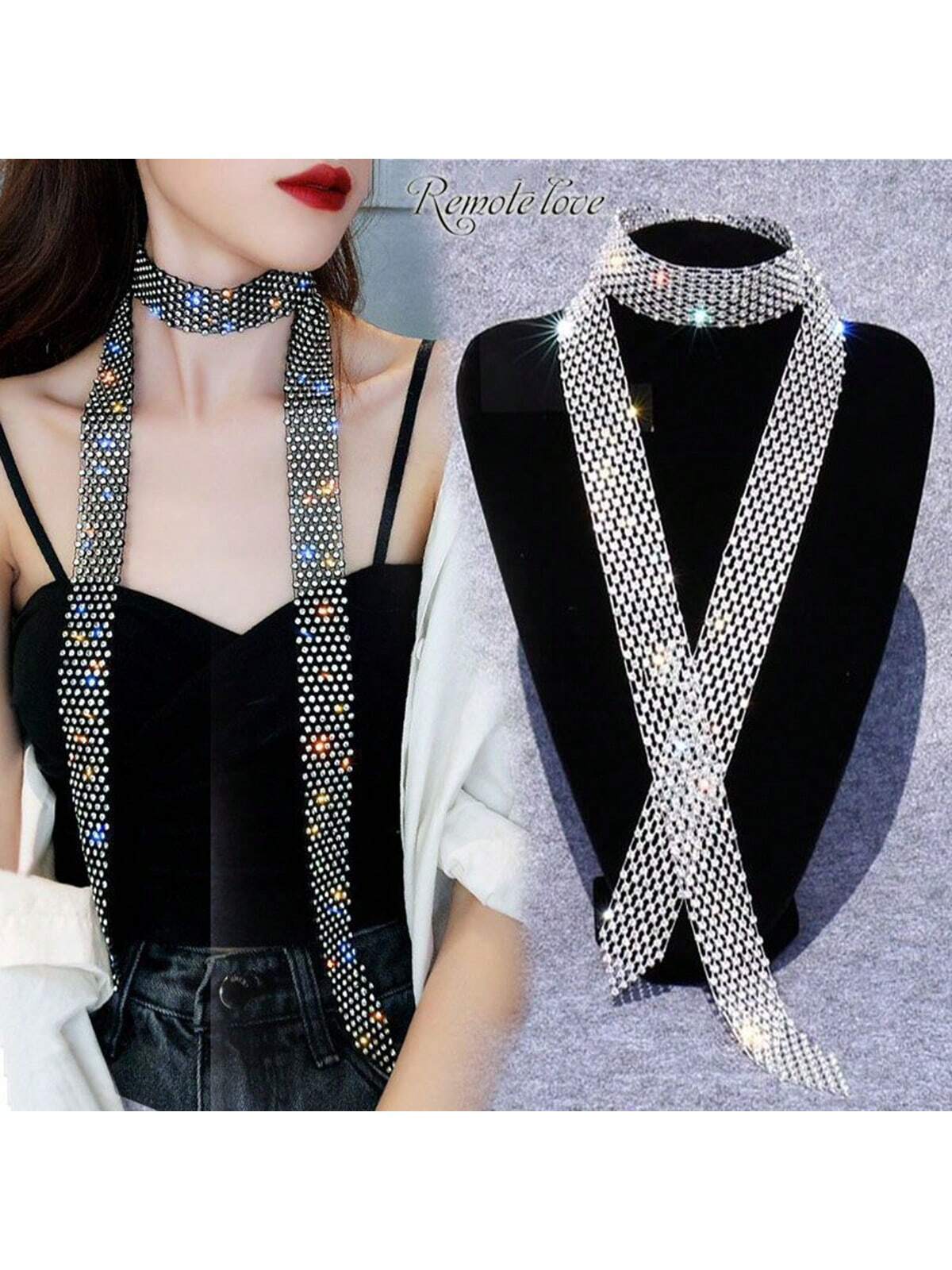 SHEIN Exaggerated Sparkly Multi-Row Water Drop Rhinestone Tassel Collar Necklace