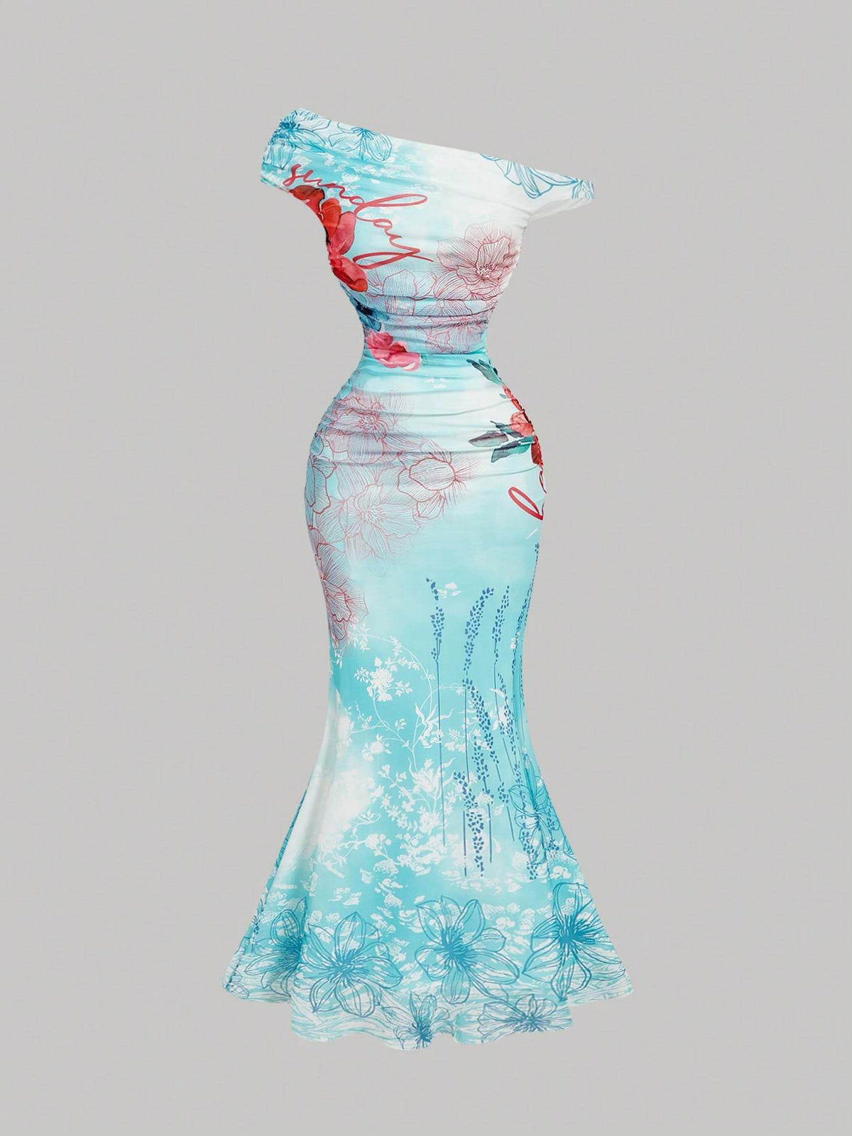 SHEIN SHEIN MOD Dreamy Romantic Ocean Print Off-Shoulder Waist-Cinching Maxi Dress