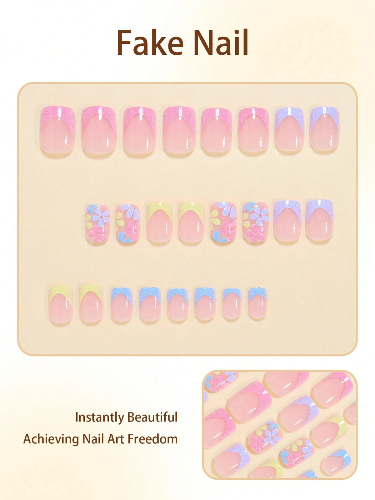 SHEIN Blue Pink Yellow Flower French Short Square Press-On Nails, 24 Pcs