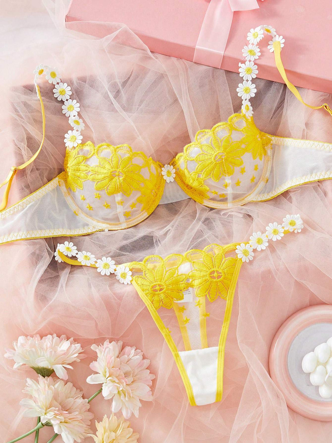 SHEIN 2pcs Embroidery Lace Trim Women Lingerie Set