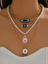 SHEIN 4pcs/Set Boho Style Luxury Multi-Layer Pearl Demon Eye Pendant Necklace Set
