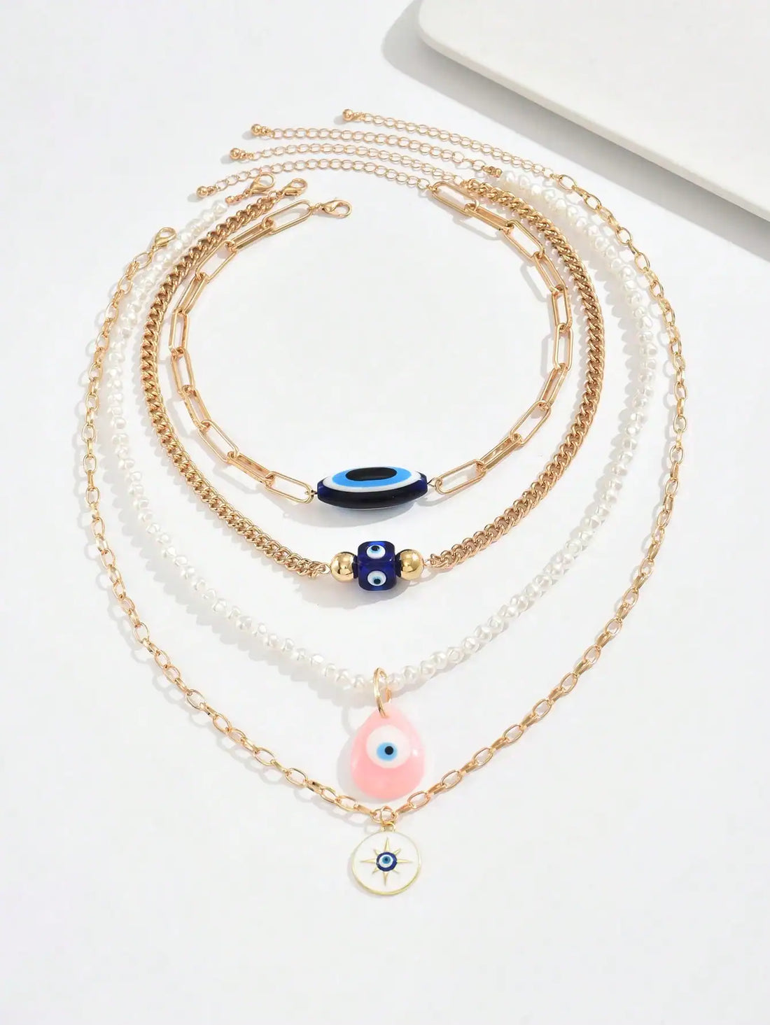 SHEIN 4pcs/Set Boho Style Luxury Multi-Layer Pearl Demon Eye Pendant Necklace Set