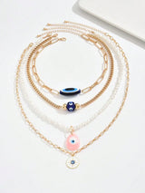 SHEIN 4pcs/Set Boho Style Luxury Multi-Layer Pearl Demon Eye Pendant Necklace Set