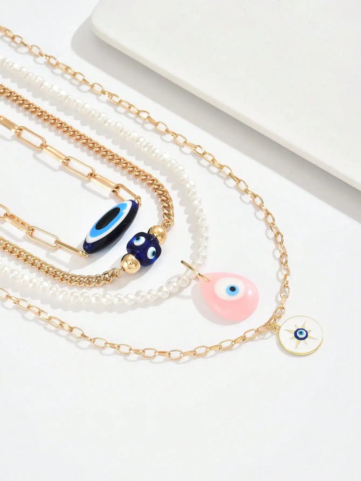 SHEIN 4pcs/Set Boho Style Luxury Multi-Layer Pearl Demon Eye Pendant Necklace Set