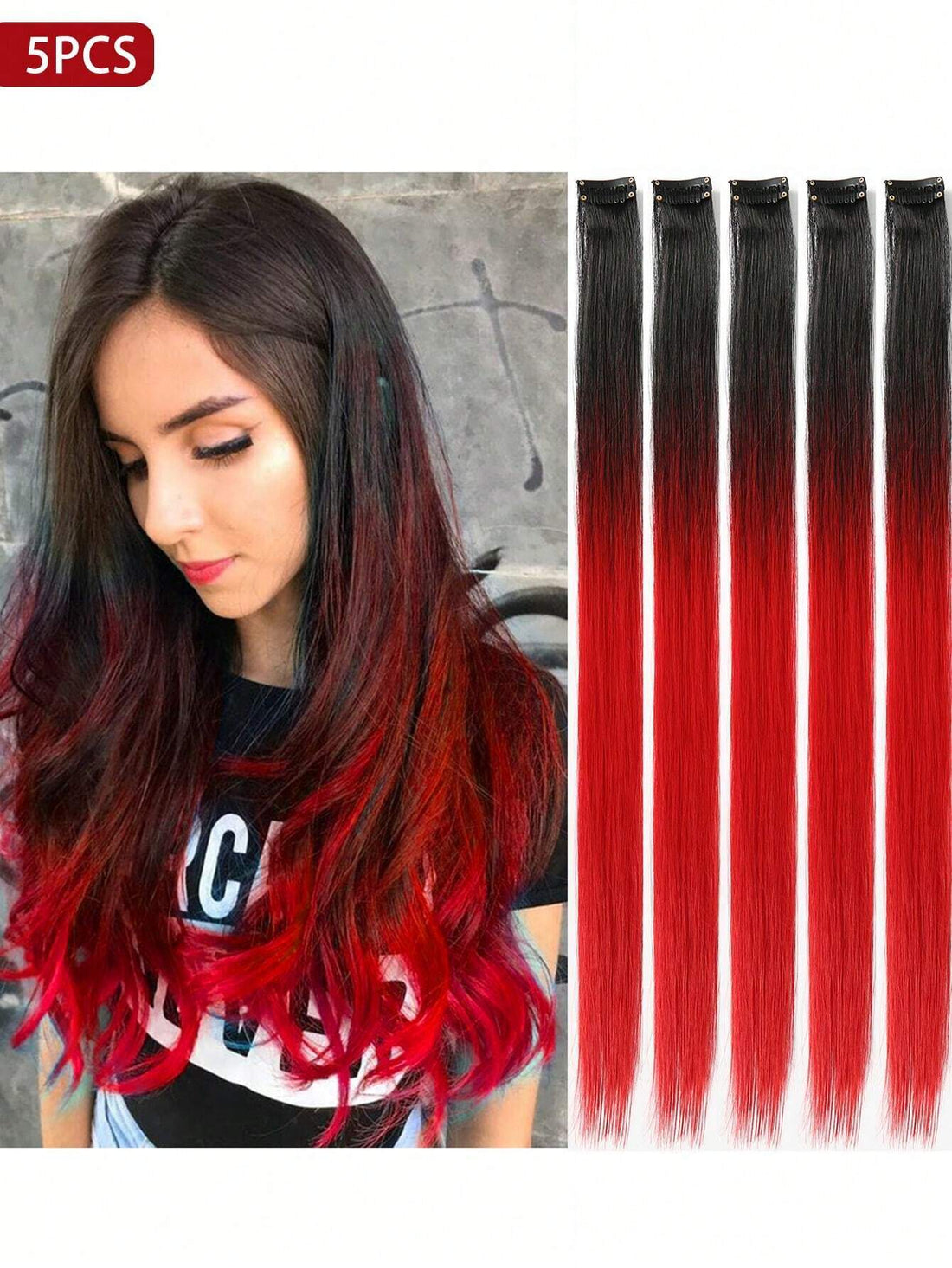 5 PCS Red Colored Clip In Hair Extensions