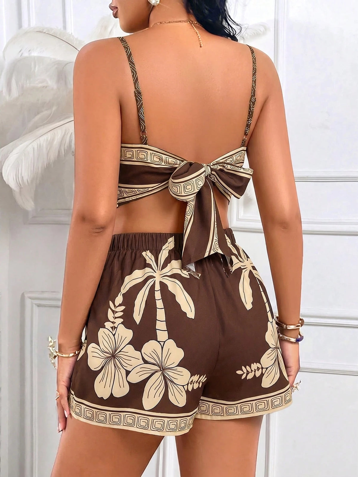 SHEIN AIJ Amarilo Brown Tropical Print Backless Crop Top & Shorts Set