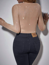 SHEIN Allurite 1pc Women's Sexy Mesh Rhinestone Embellished Bodysuit