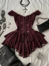 SHEIN Attitoon Burgundy Off Shoulder Lace Up Corset Asymmetrical Mini Dress