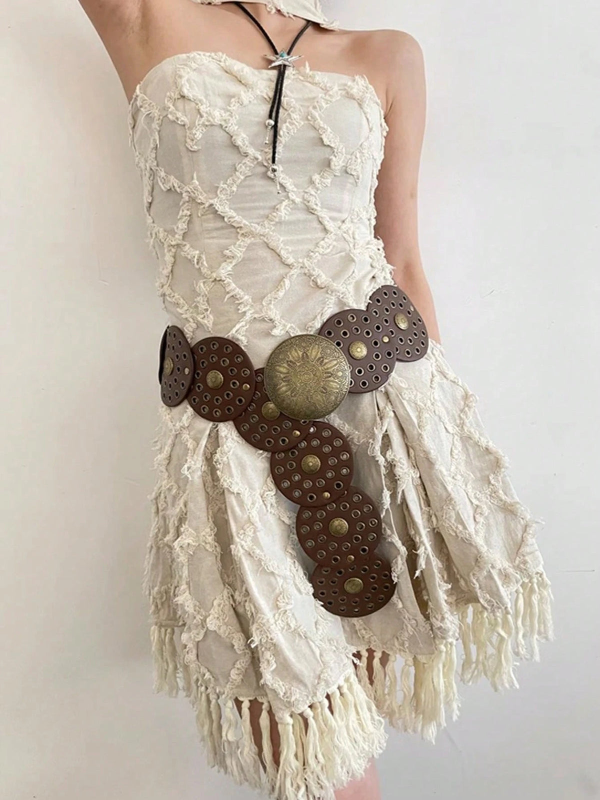 SHEIN Boho Coffee Western Hollow Out Metal Grommet Round Buckle PU Belt