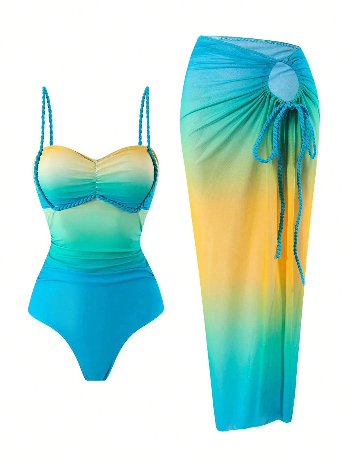 SHEIN Bonvoyette Green Ombre One-Piece Swimsuit with Mesh Skirt