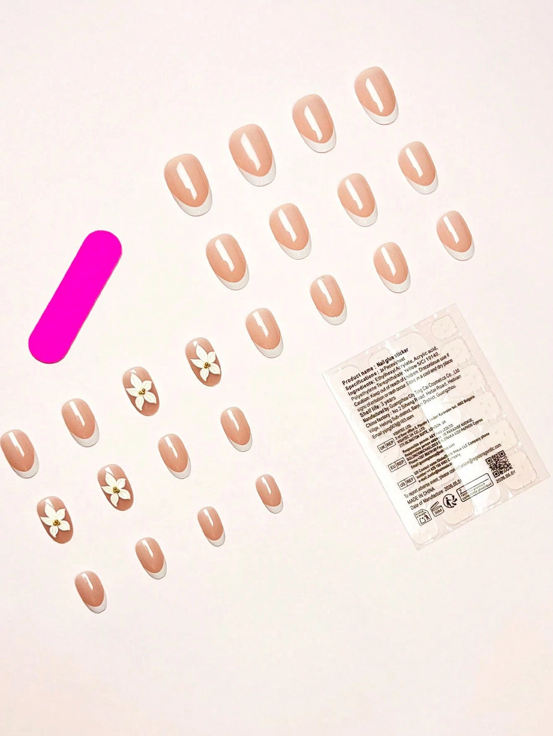 SHEIN 3D White Floral French Oval Press-On Nails, 24 Pcs with Glue