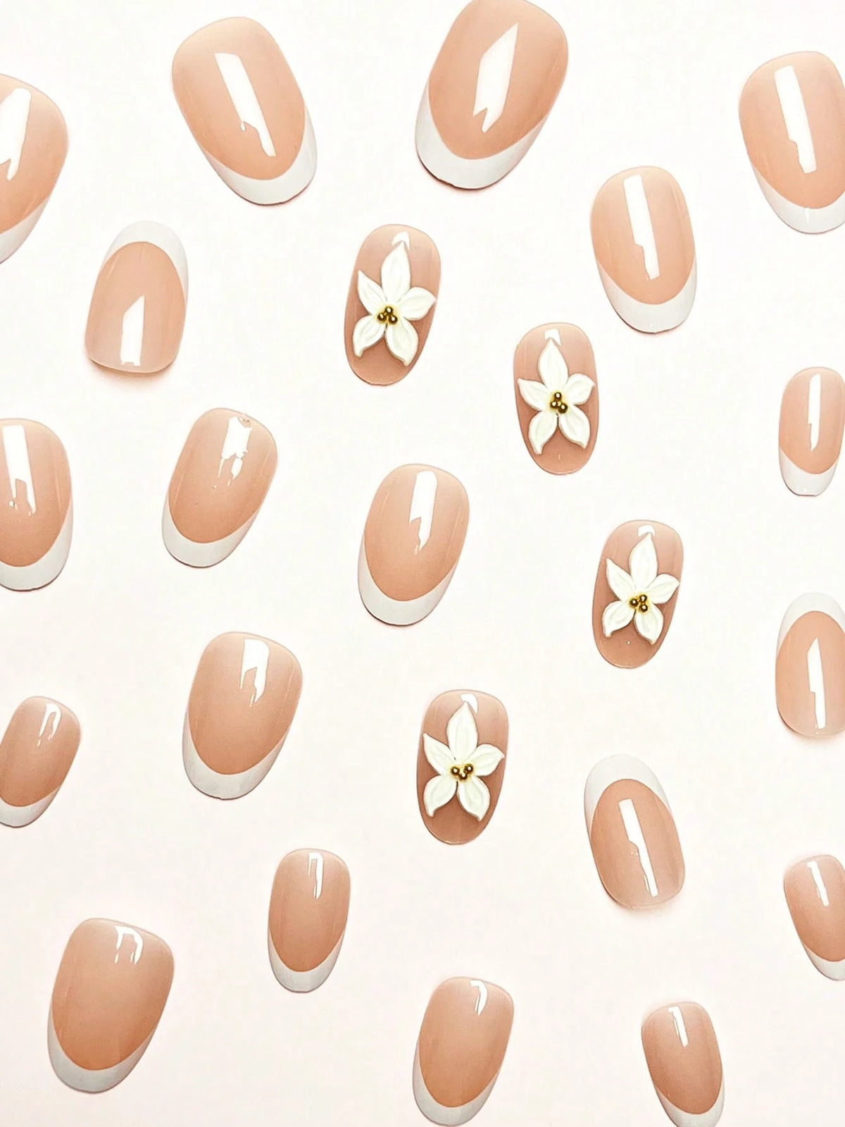 SHEIN 3D White Floral French Oval Press-On Nails, 24 Pcs with Glue