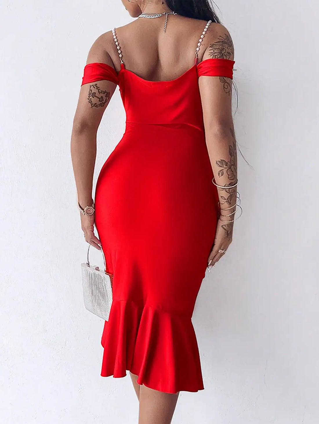 SHEIN ChicMe Cold Shoulder Pearl Strap Ruffle Hem Slit Bodycon Midi Dress Elegant Party Evening Party Dresses