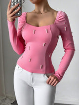SHEIN Luxury Embellished Sweetheart Neck Long Sleeve T-Shirt