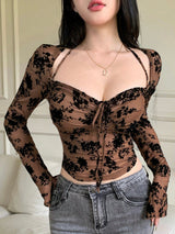 SHEIN DAZY Brown Ditsy Floral 2-in-1 Tie Strap Mesh Crop Top