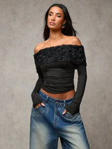 SHEIN Black Off Shoulder Contrast Lace Ruched Knitted Top