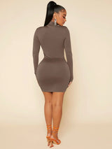 SHEIN Mocha Brown Drawstring Front High Neck Bodycon Dress