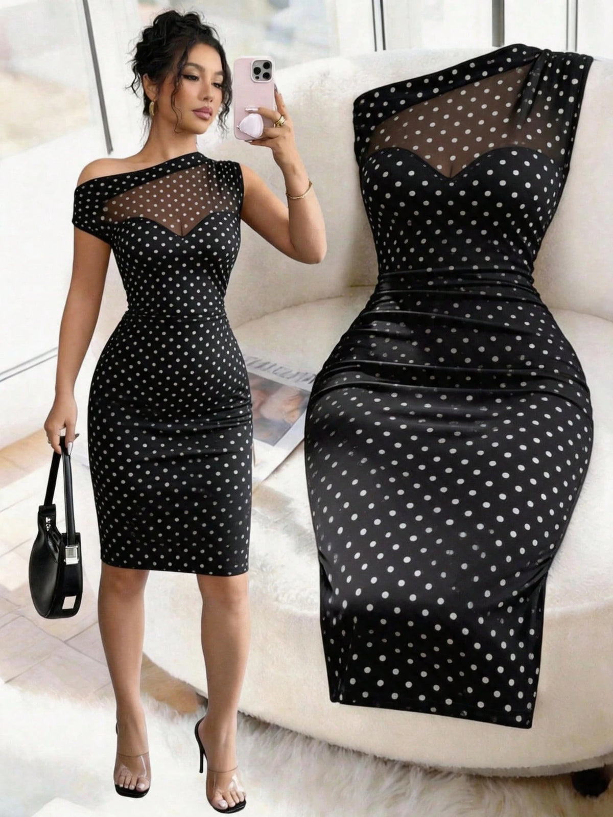 SHEIN Elegant Black Polka Dot Asymmetric Neck Mesh Bodycon Midi Dress