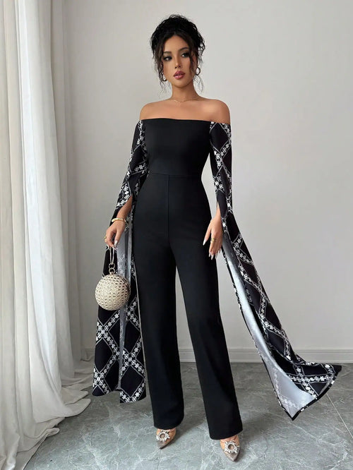 SHEIN Elenzga Printed Oversized Plaid Pattern Black Slim Fit Jumpsuit