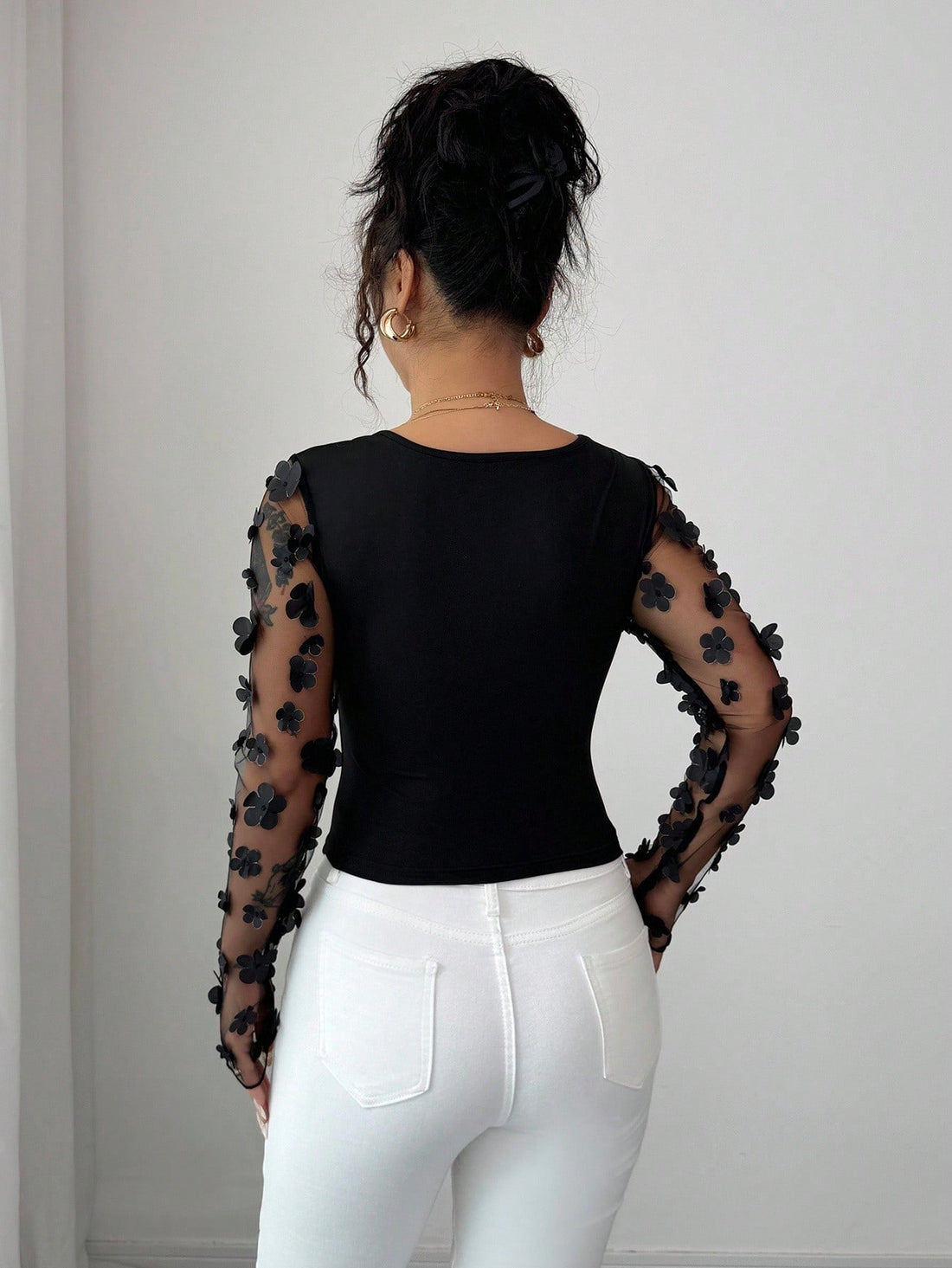 SHEIN Elenzga Black 3D Floral Applique Mesh Splice Square Neck Top