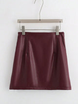SHEIN Franclia Burgundy Shimmer PU Leather Lace-Up Short Skirt
