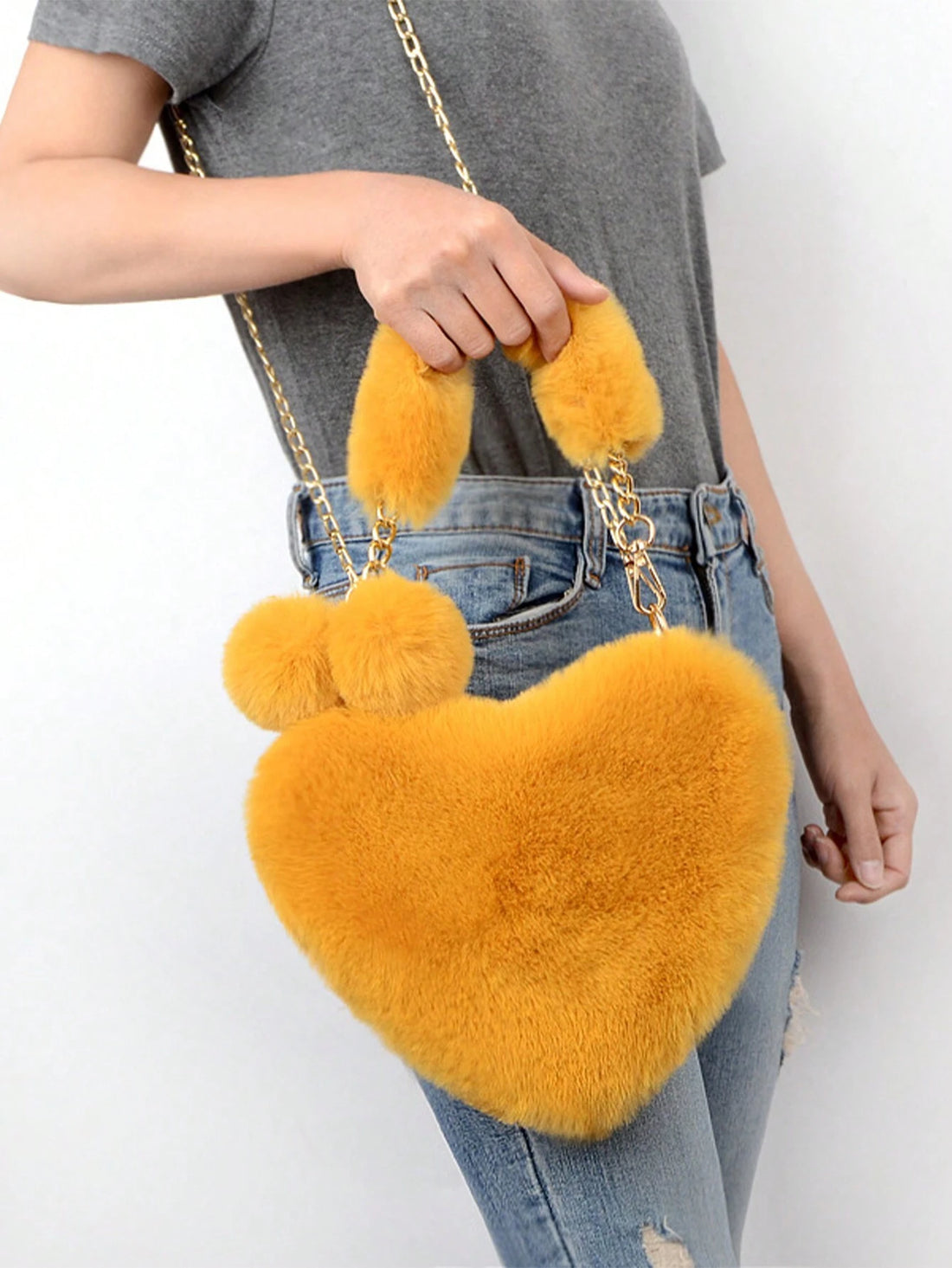 SHEIN Yellow Heart Shaped Fluffy Furry Handbag with Chain