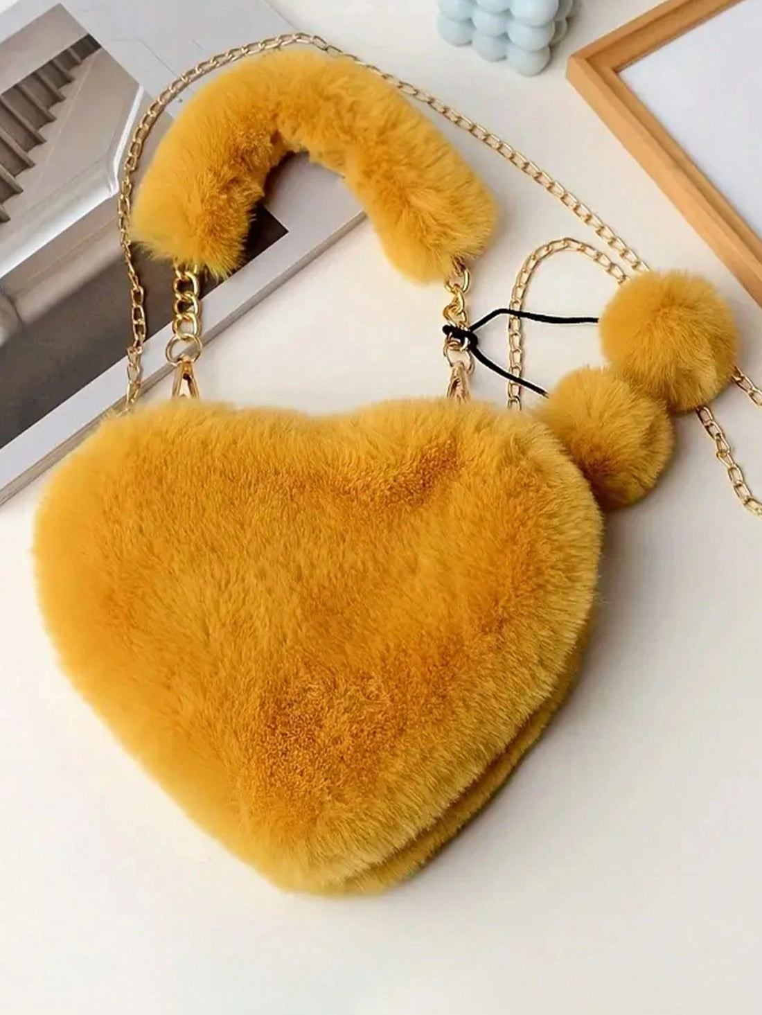 SHEIN Yellow Heart Shaped Fluffy Furry Handbag with Chain