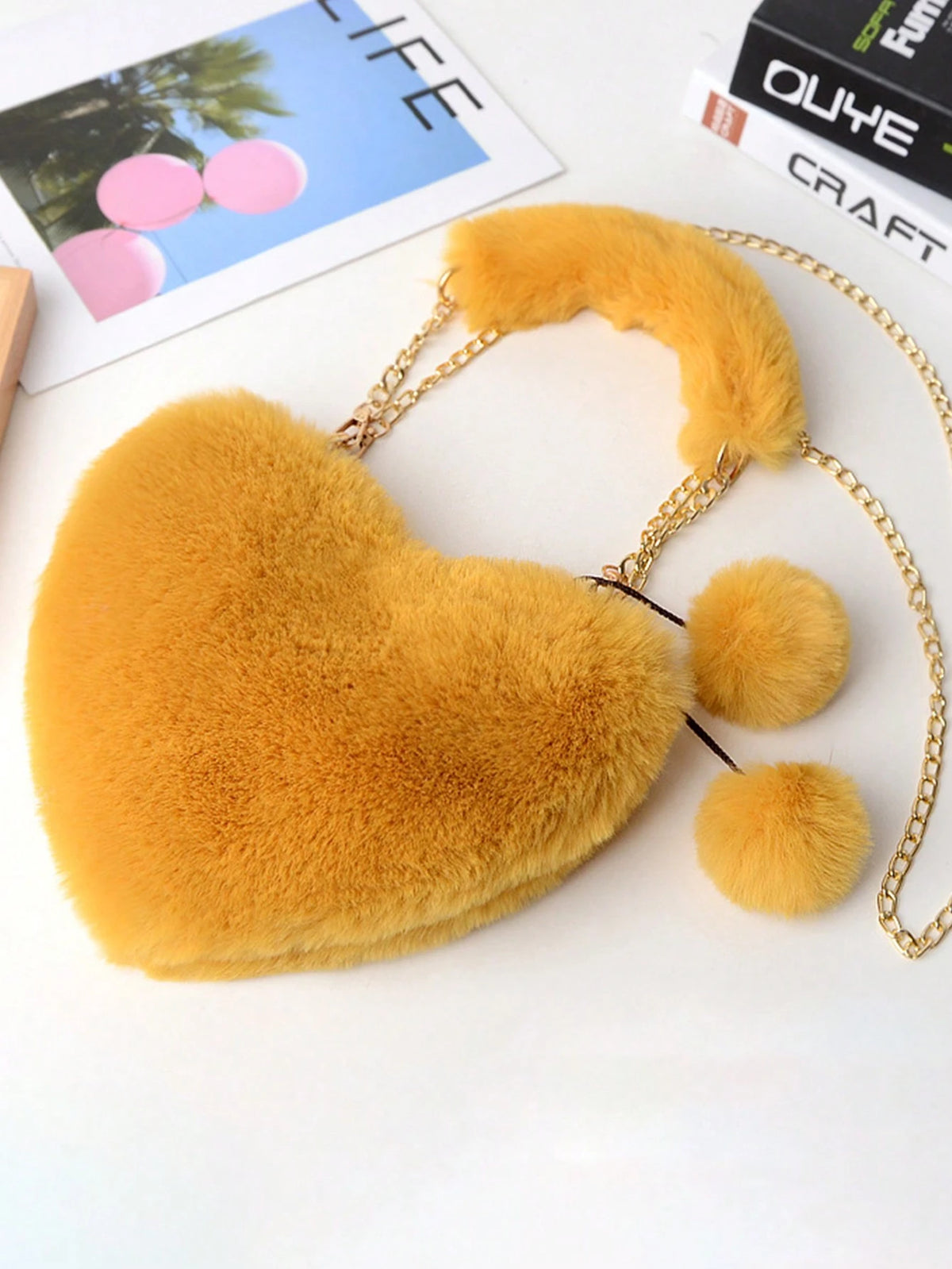 SHEIN Yellow Heart Shaped Fluffy Furry Handbag with Chain