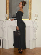SHEIN Glamine Charm Black Metallic Knit Off Shoulder Slit Bodycon Maxi Dress