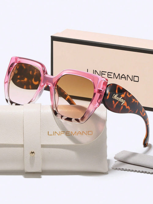 Sunglasses with pink frame and tortoiseshell arms on a white surface with 'LINFEMAND' branding.