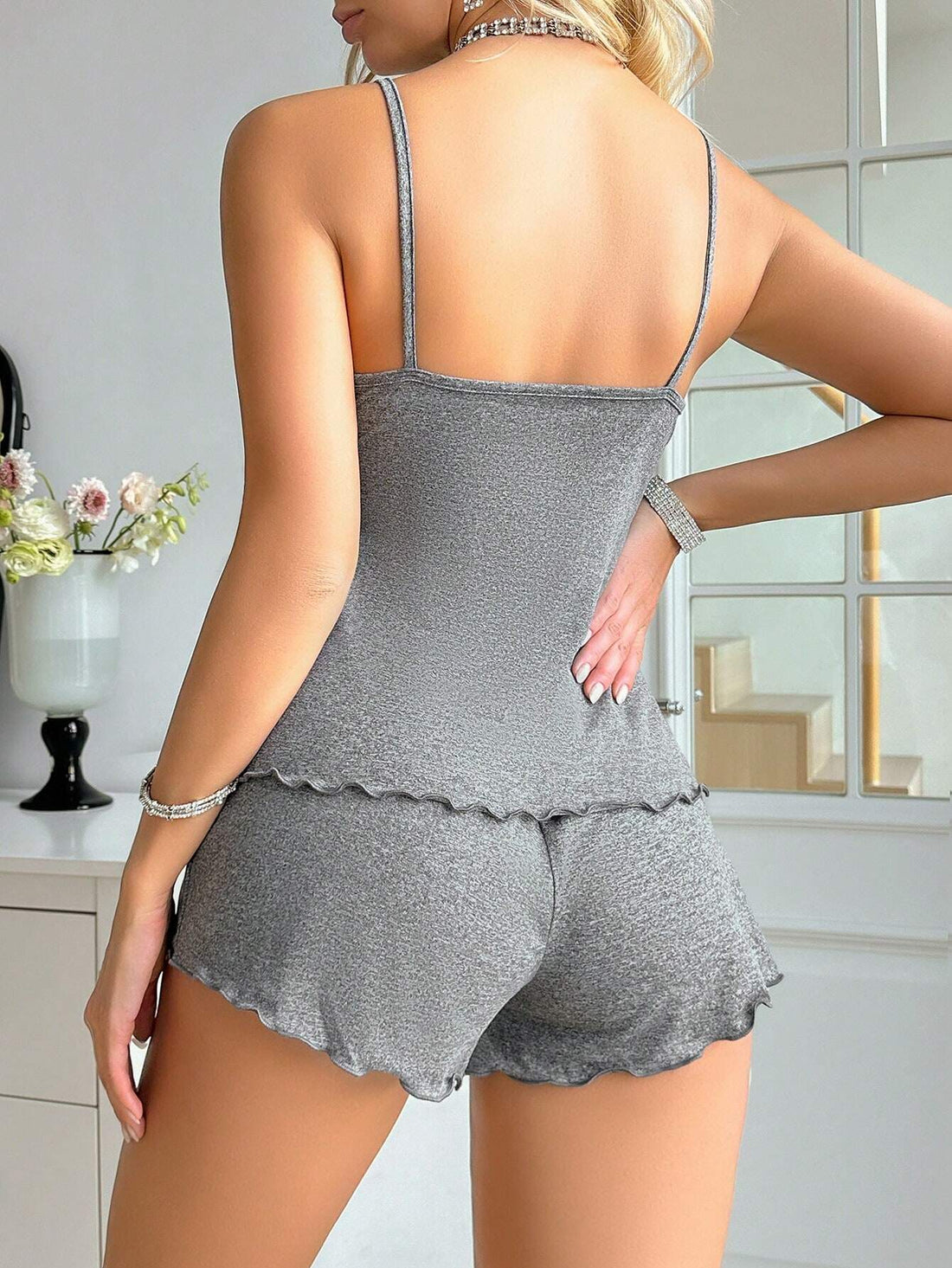 SHEIN Letter & Eyelash Print Flounce Hem Camisole And Shorts Sleepwear Set