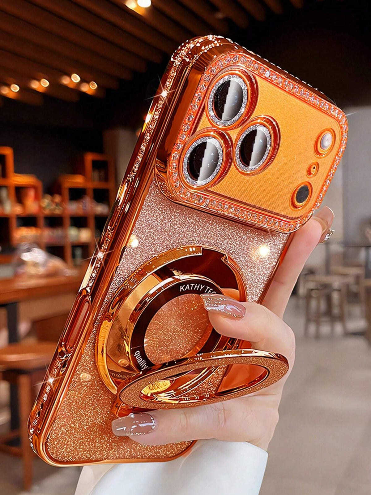 Luxury Bling Glitter Camera Rhinestone Ring Holder Gradient Sequins Plating Phone Case Compatible With IPhone