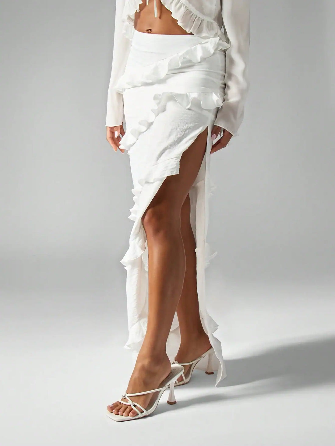 SHEIN MISSGUIDED Linen Feel Ruffle Tiered Maxi Skirt With Long Side Split Summer Beach Vacation