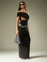 SHEIN MISSGUIDED Off Shoulder Evening Gown Studded Bardot Cut Out Waist Long Dress Crystal