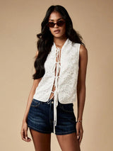 SHEIN MISSGUIDED Sleeveless Lace Blouse With Front Tie Closure Summer