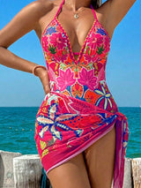 طقم مايوه هالتر بطبعة ورد وردي وبرتقالي مع جيبة – SHEIN Swim Vcay