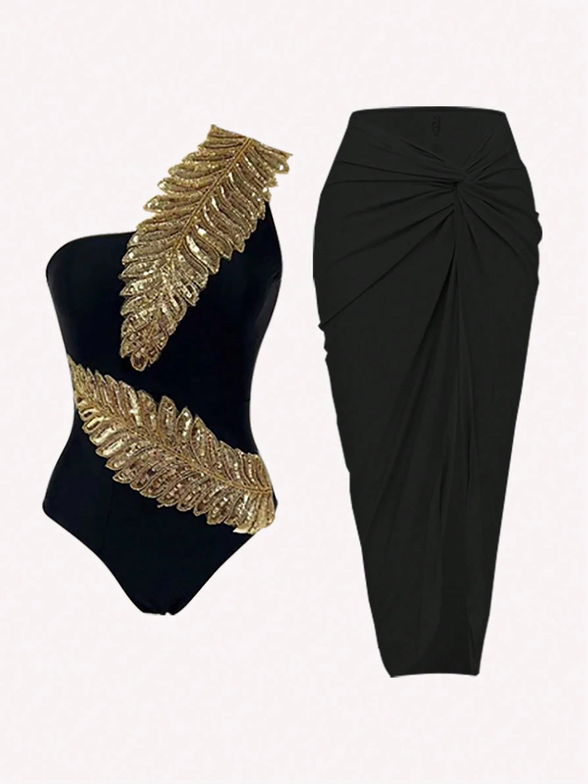 Swim Oasis Black Sequin Leaf Print Bandeau Swimsuit & Mesh Skirt Set