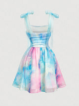 SHEIN MOD Blue and Pink Tie-Dye Knot Ruched Camisole Mini Dress