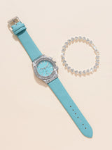 SHEIN Rhinestone Quartz Watch and Bracelet Set with Blue Strap