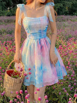 SHEIN MOD Blue and Pink Tie-Dye Knot Ruched Camisole Mini Dress