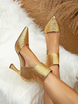 SHEIN Gold Pointed Toe Stiletto Back Zipper Buckle High Heel Pumps