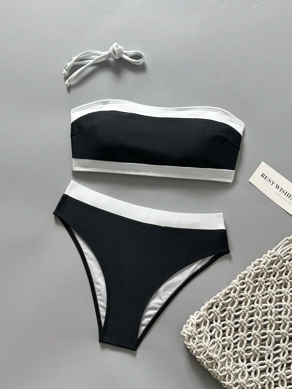SHEIN Black and White Strapless Bandeau 2-in-1 Bikini Set