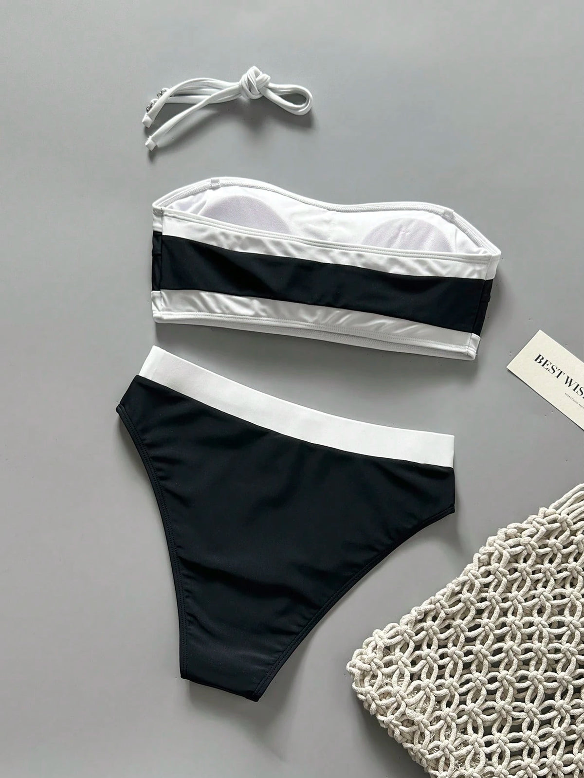 SHEIN Black and White Strapless Bandeau 2-in-1 Bikini Set