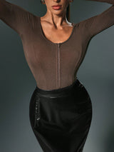 SHEIN Nuvra Brown Round Neck Zipper Long Sleeve Slim Fit Tee